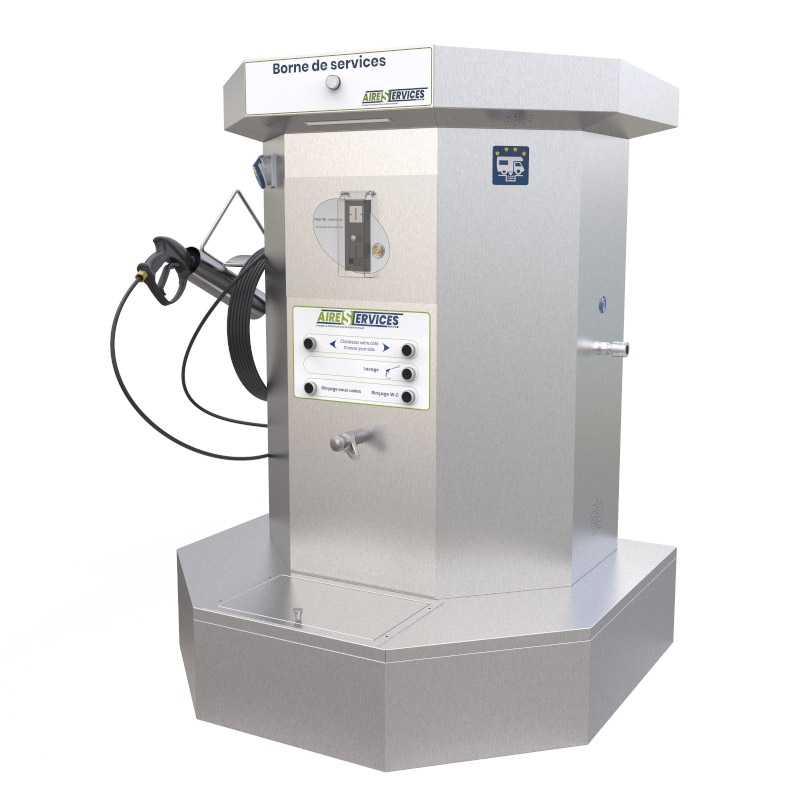 Borne inox réf. 3100 pour le lavage de vélos, équipement AireServices / AireCity conçu pour le nettoyage et l’entretien des cycles sur les aires et espaces publics et aussi pour la vidange des camping-cars avec distribution d'eau et d'électricité